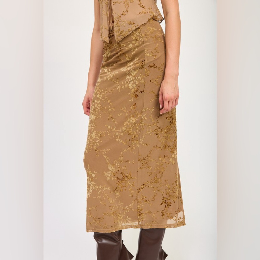 163B. Floral Mesh Fitted Maxi Skirt - Mocha